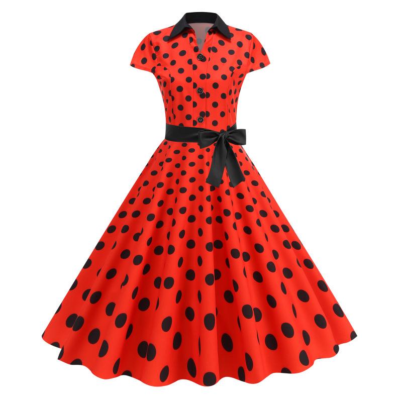 Polka Dot Shirt Collar French Retro Hepburn Dress Medium (M)
