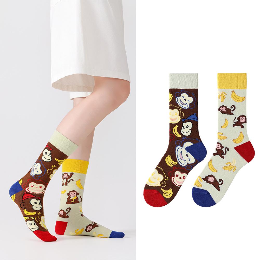 Children's Cartoon Sports Socks, Mid-Calf, Asymmetrical Mandarin Duck Design, Cotton Trendy Pair