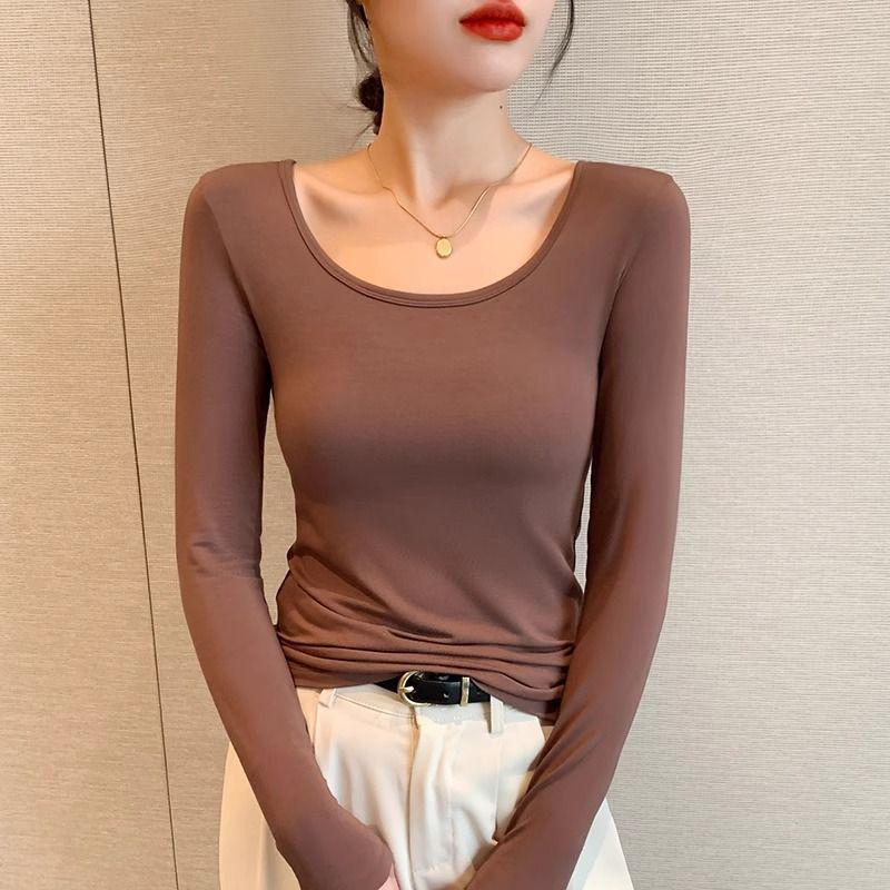 Women's Black Modal Crew Neck Long Sleeve Base Layer Top - Slim Fit, Low Neck Design for 2025 Autumn/Winter