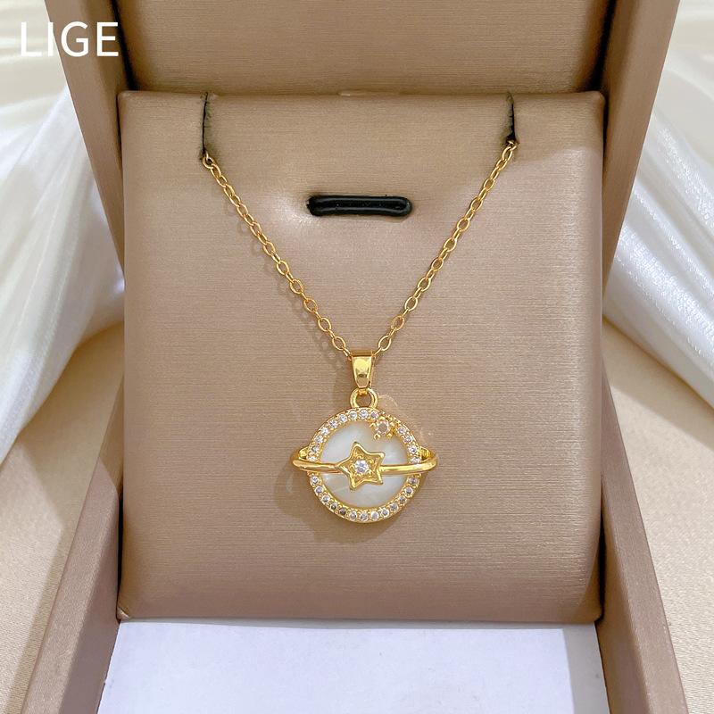 Shell Planet Zircon Light Luxury Temperament Gorgeous Full Diamond Necklace Female Versatile Collarbone Chain Titanium Steel Chain