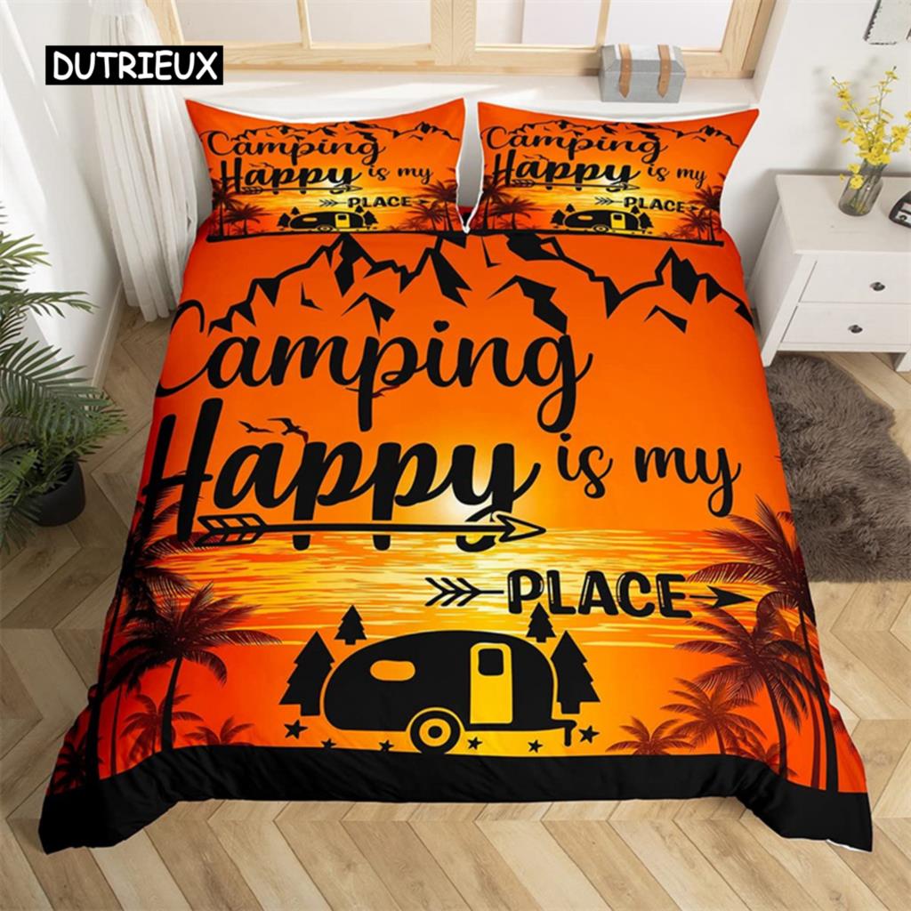 Camping Duvet Cover Microfiber Galaxy Stars Moon Happy Camping Comforter Cover Camper Truck Geometry Mountain Trees Bedding Set