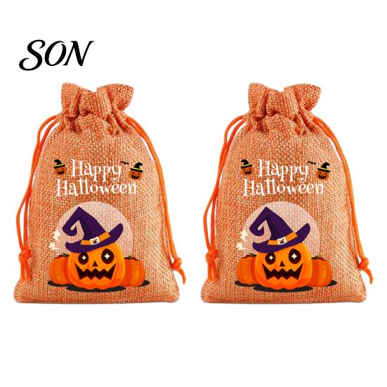 Lightweight Candy Carriers 2Pcs Halloween Pumpkin Drawstring Bags for Treats, Retro Burlap Pattern Party Favors Trick or Treat Bags, Portable