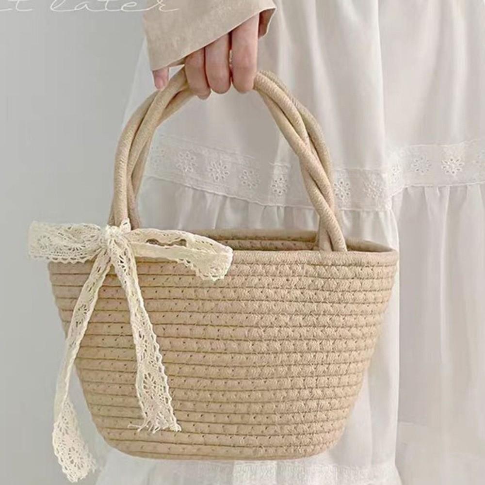 Cotton Thread Woven Cotton Rope Woven Bag Pure Color Lightweight Handbag Bucket Shape Boho Storage Basket Resort Wear