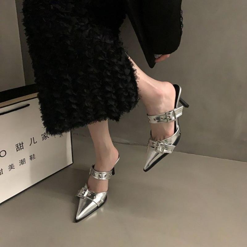 

Fashion New Popular Punk Goth Metal Buckle High Heels Women s Sandals Summer Pointed Toe Silver Party Shoes Fashion Women s Pumps Shoes 35