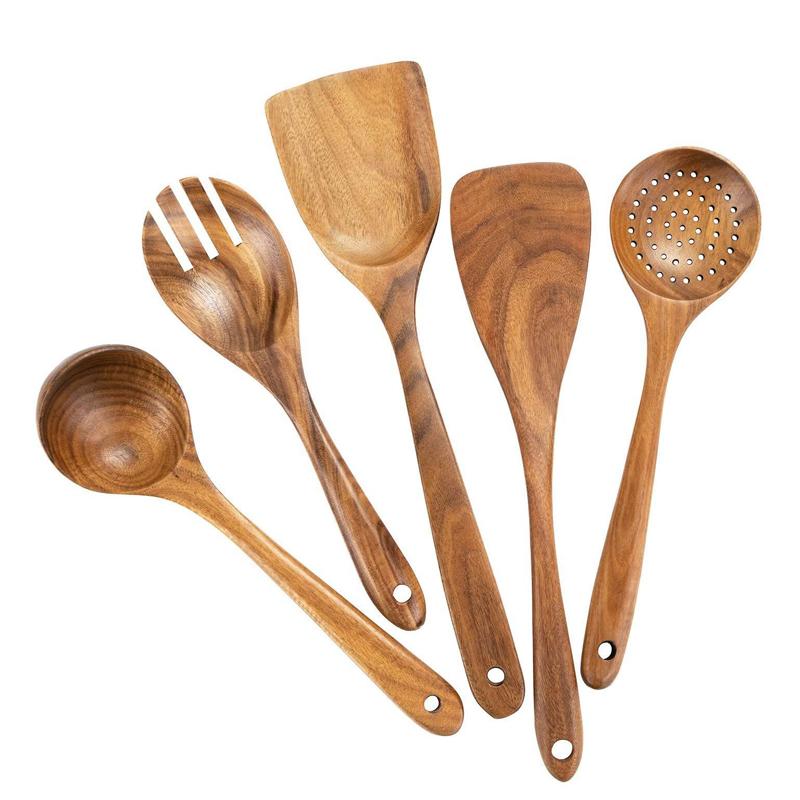 Natural Teak Wood Kitchen Utensil Set Wooden Cooking Tools with Holder Ideal for Healthy Non - Stick Cookware Cooking