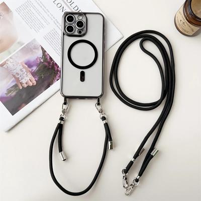 Pro iPhone 16 15 Pro Max 14 13 12 11 Pouzdro na telefon s náhrdelníkem a šňůrkou na zápěstí pro Magsafe Crossbody magnetické pokovení průhledný kryt