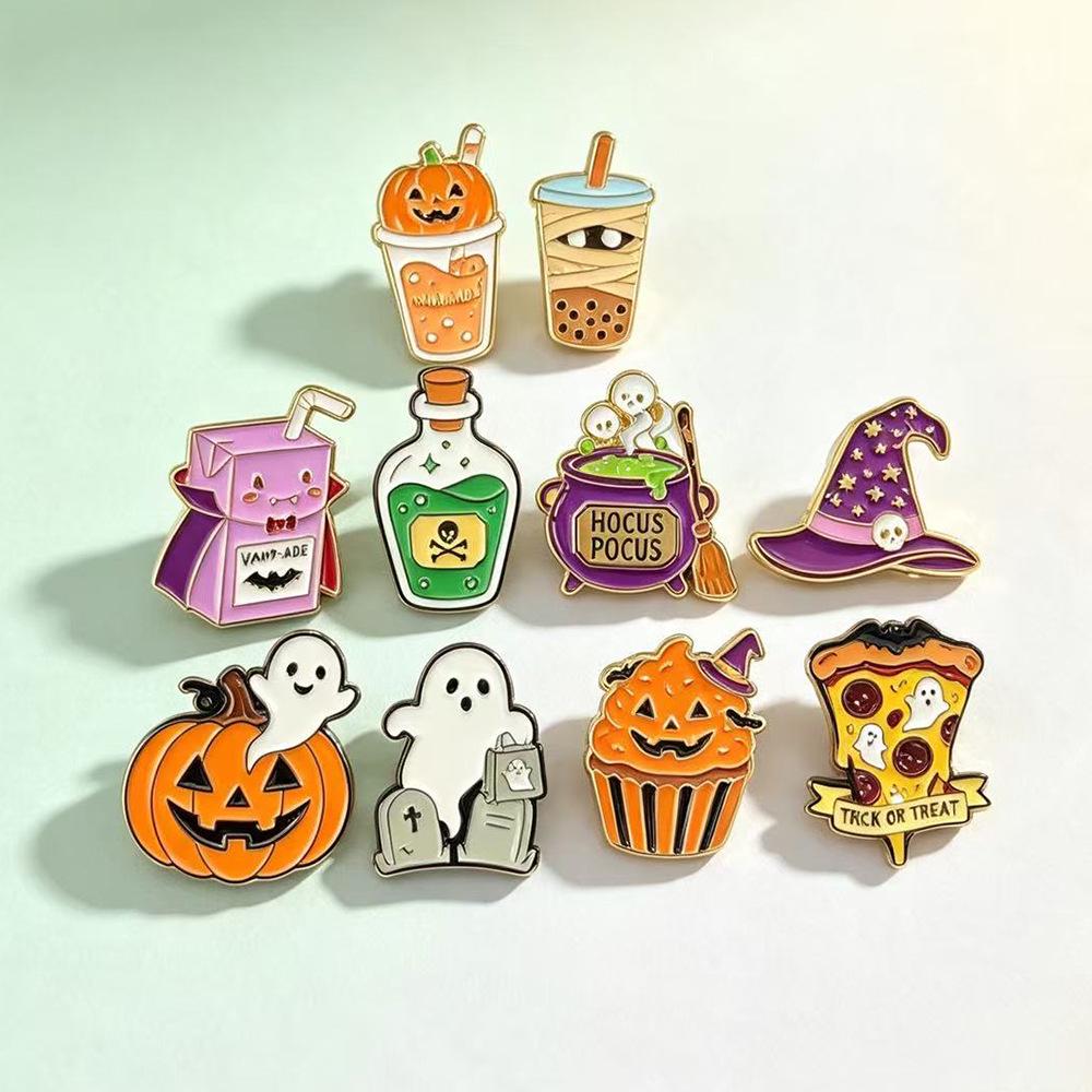 European & American Cross-border Halloween Brooch: Cute Ghost, Pumpkin, Pizza Alloy Badge for Clothing Accessories