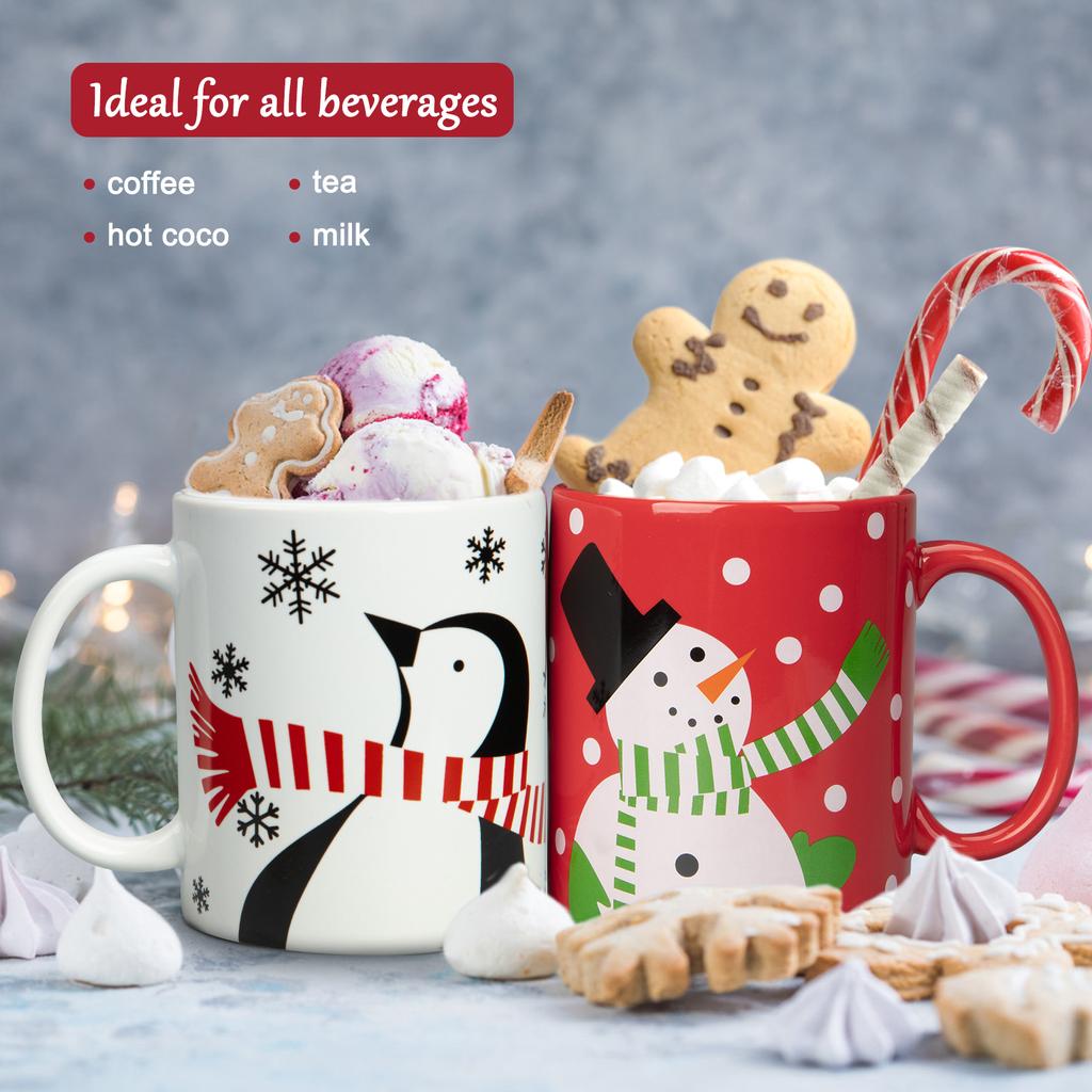 2 Pcs Ceramic Christmas Mugs, Premium Merry Christmas Gifts, 12 Oz Red and White Mugs with Handle, Microwave Safe for Coffee Tea