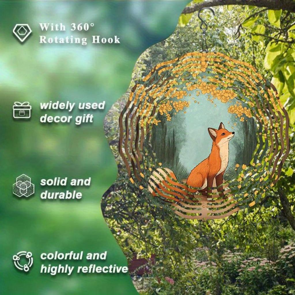 1pc Metal Wind-Operated Rotating Fox & Forest Pathway Wind Chime - Solid & Durable Outdoor Decor for Patio, Balcony, Window - Colorful Leaves Design