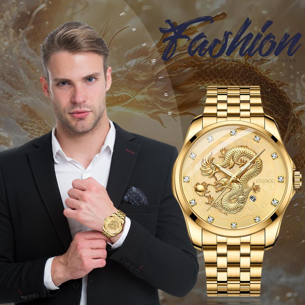 Men's Stainless Steel Dragon Watch In Gold: Luminous Analogue Watch with Calendar, Dragon Design, Antique Quartz Movement, 3ATM Water Resistance,