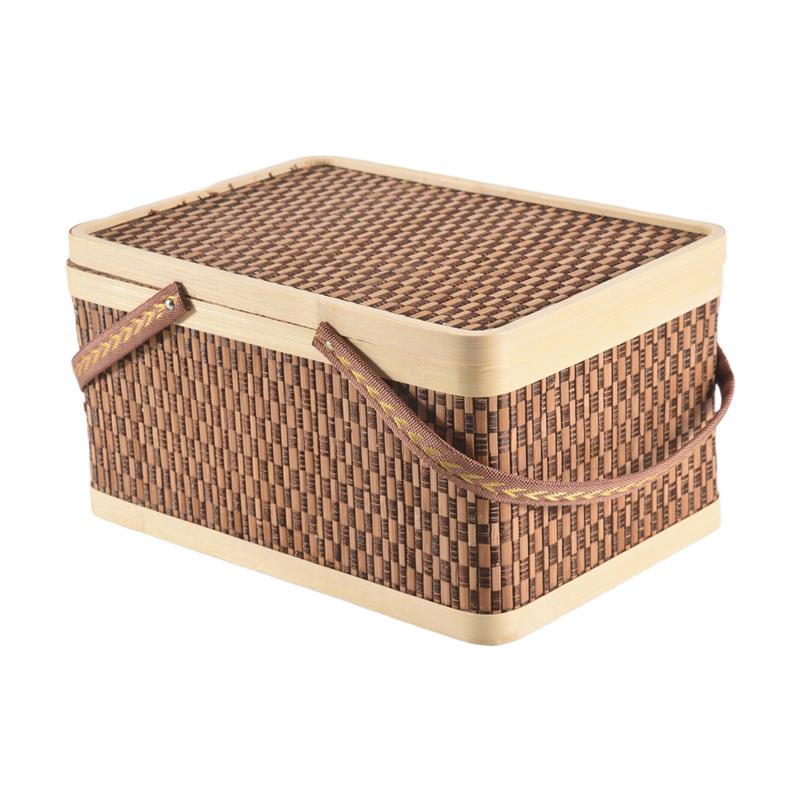 M-Nowoczesny-1 SZT Nowy Koszyk Bambusowy Bambusowy Koszyk Piknikowy Ciemnobrązowy Z Pokrywką Ręczny Koszyk na Przekąski Chleb