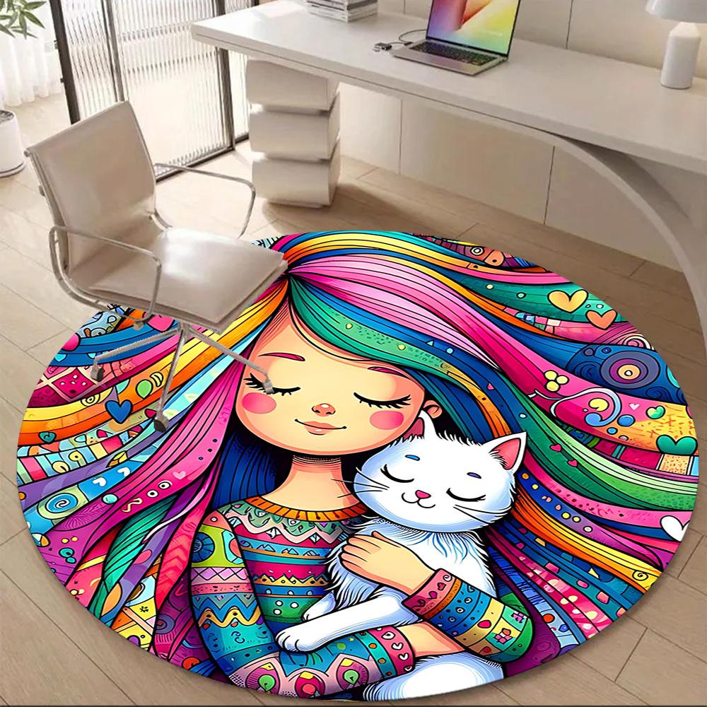 

1PC Colorful Hair, Cat Hug Office Round Area Rug, Indoor Mat Suitable ForOffice, Under Office Chairs Bedroom Living Room Home Decor, Room Deco g039 80cm by 80cm