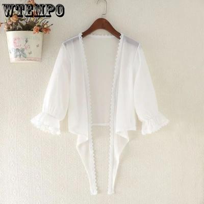 Chiffon Cardigan White Transparent Mesh Shawl Pagoda Sleeve Women's Sun Protection Clothing Short Thin Coat Summer Matching Straps