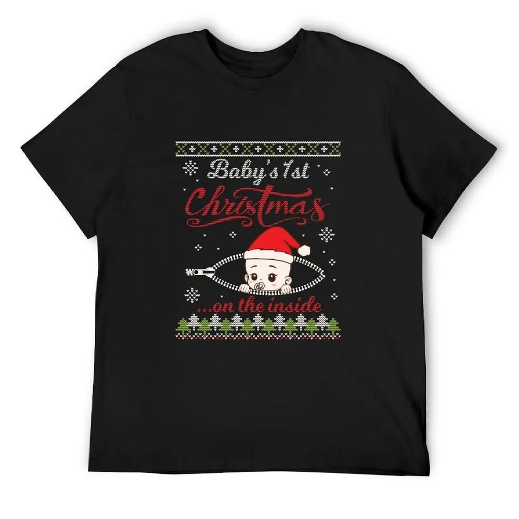 Baby'S 1St Christmas On The Inside Merry Xmas Pregnant Wife T-Shirt Topping Custom T Shirt Mens T Shirts