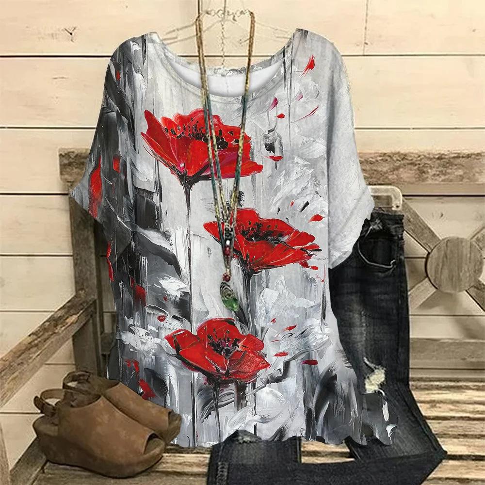 Women's T-shirt Fashion Small Floral 3D Digital Print Round Neck Five Quarter Sleeve T-shirt