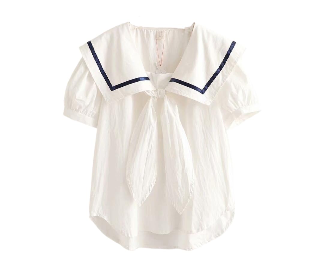 

L-Stoppastow Sailor Collar Blouse, Summer, Women s Short Sleeve Shirt, Ribbon Shirt Blouse, Sailor-Style Top, Switching Design, Cute, Navy