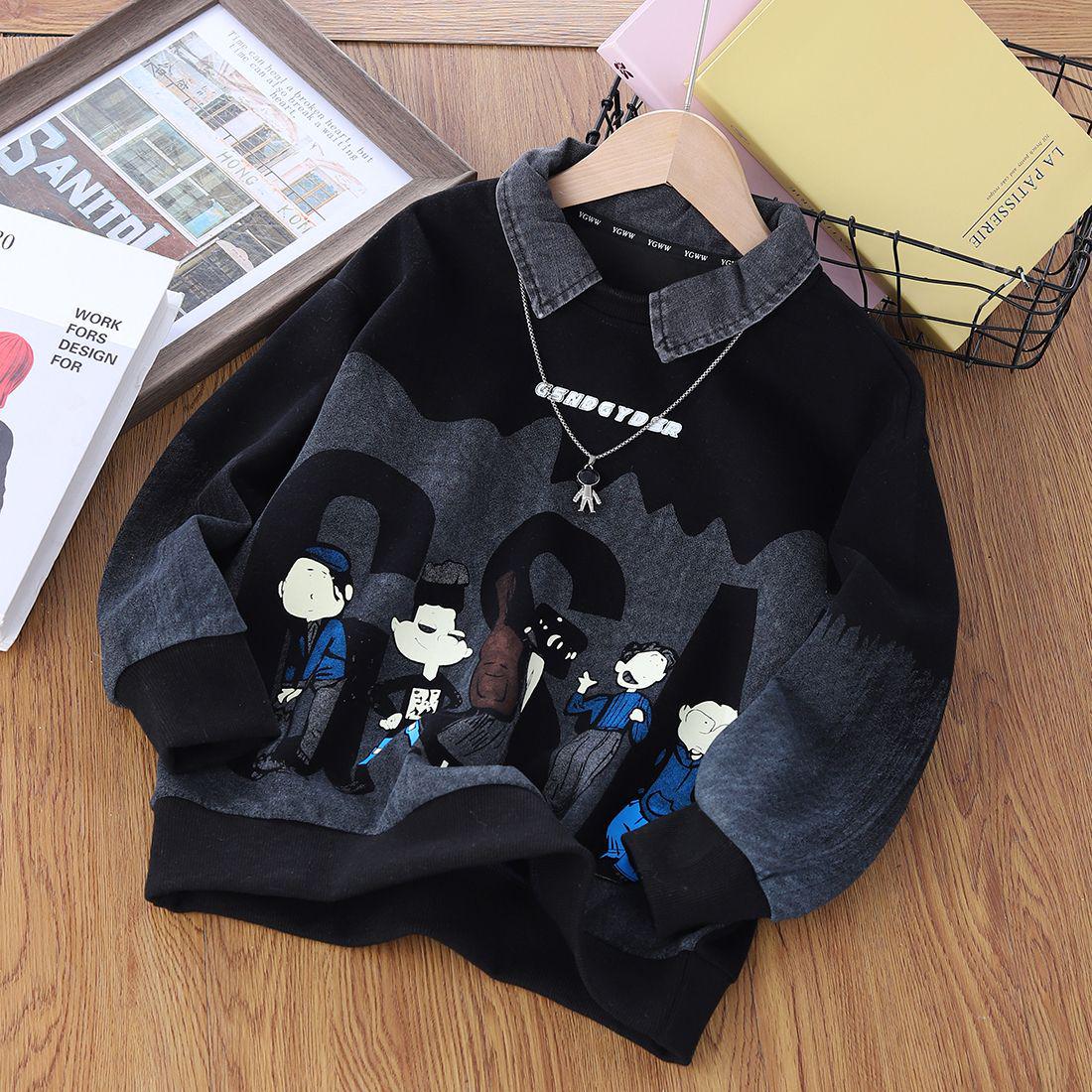 

Kids Streetwear Hoodie with Denim Collar - All-Over Print, Spring/Autumn Fashion Pullover 160