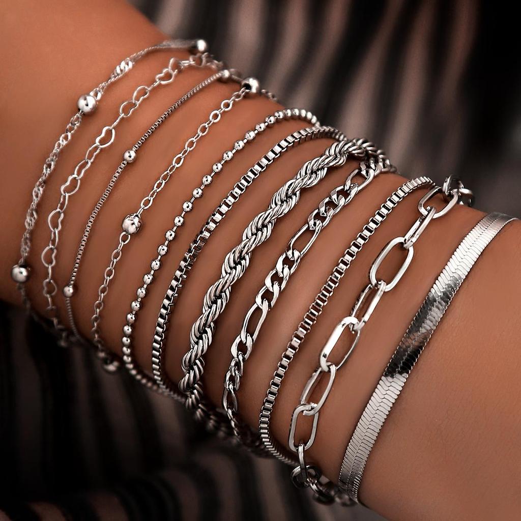 Minimalist Women's Multilayer Alloy Bracelet Set - 10-Piece Cuban Chain Style.