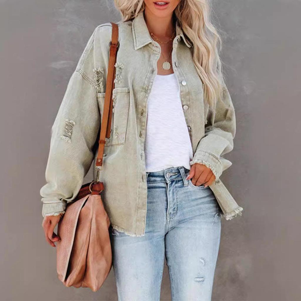 2025 European & American Style Distressed Ripped Denim Jacket for Women