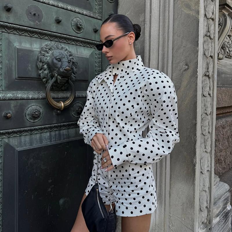 2 Piece Sets Polka Dots Print Suits Women Commute Long Sleeve Coat Female Shorts Sets Casual 2 Piece-Set Shorts Outfits 2026 Spring