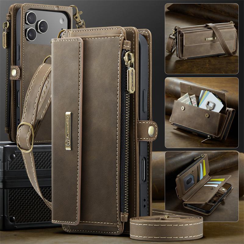 CaseMe Flip Leather Phone Case for iPhone 17 Pro Max Air 16 Plus 16E 15 14 13 Mini 12 11 X XS XR SE 2022 8 Long Lanyard Zipper Wallet Multi Card Cover