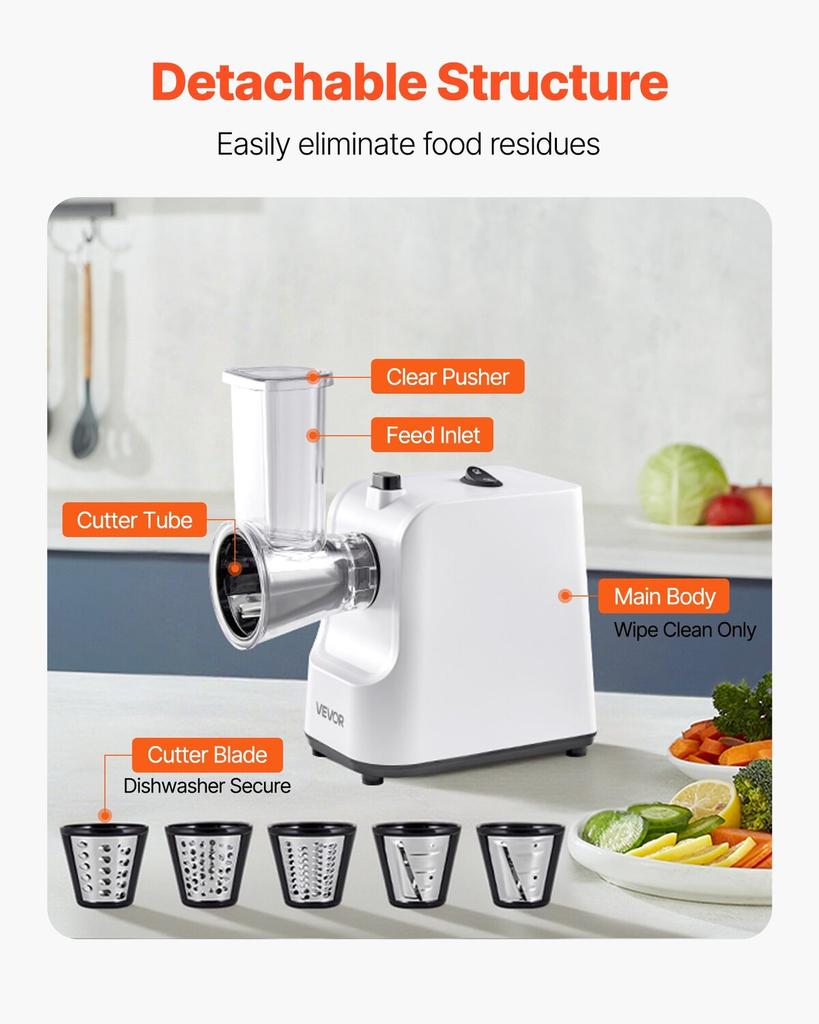 Electric Cheese Grater Salad Maker, 200W Salad Shooter, Electric Vegetable Slicer Shredder Chopper for Fruits with 5 Attachments, Stainless Steel Food