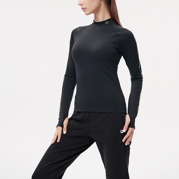 Fila Athletics Side Stripe Half High Neck Printed Sports Casual Tight Knit Long Sleeve Raglan T-Shirt Women Tops Deep-Black A11W141201F-BK