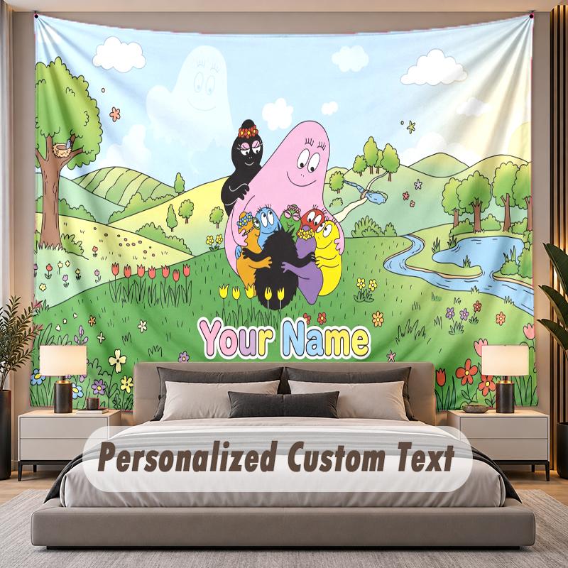 Custom Name Text Tapestry Barbapapa Personalized Polyester Wall Tapestry For Bedroom And Room