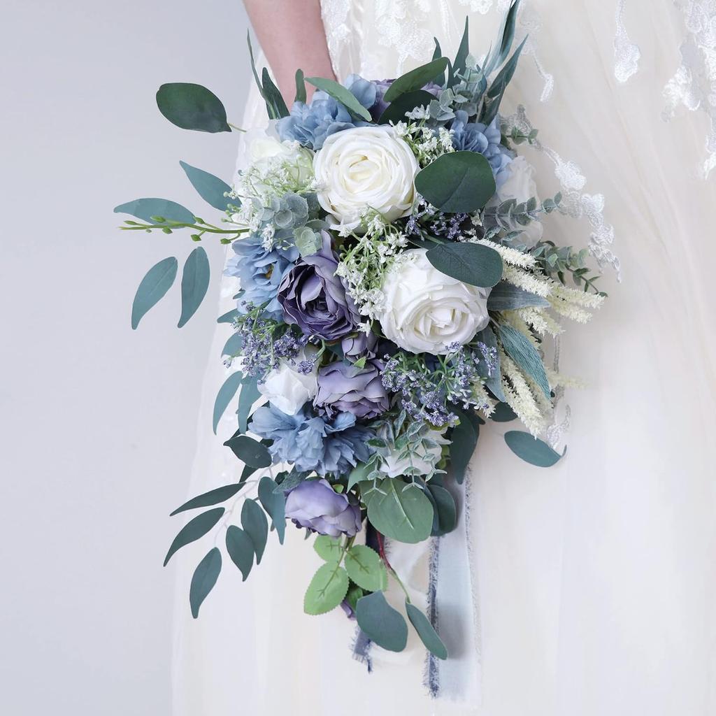 9 Inches Dusty Blue Cascading Bride Bouquet Waterfall Wedding Flower, Rose Peony Bride Bouquet with Eucalyptus for Centerpiece, Party and Wedding
