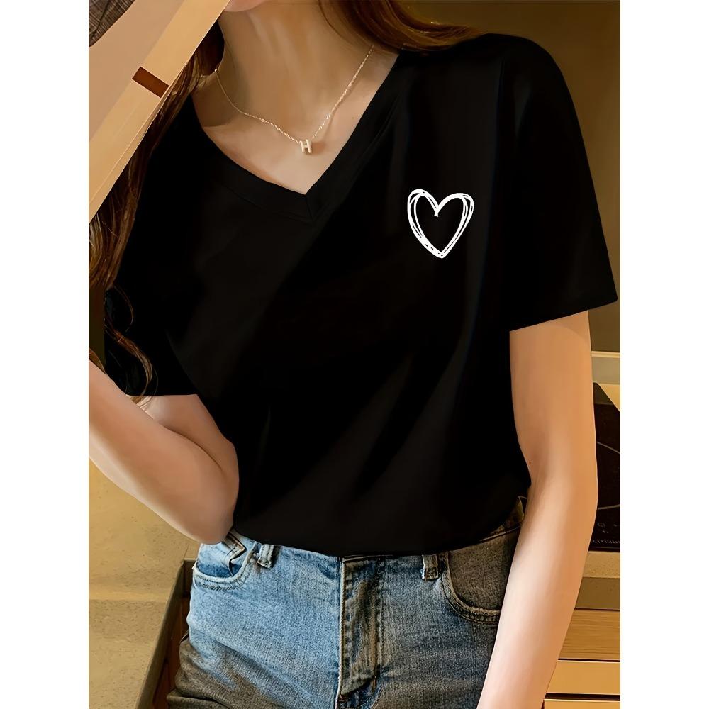 Casual Love Heart Women's Daily T-shirt V Neck Casual Vintage Y2k Printed T Shirts Women Short Sleeve Tee Shirt V-Neck Summer