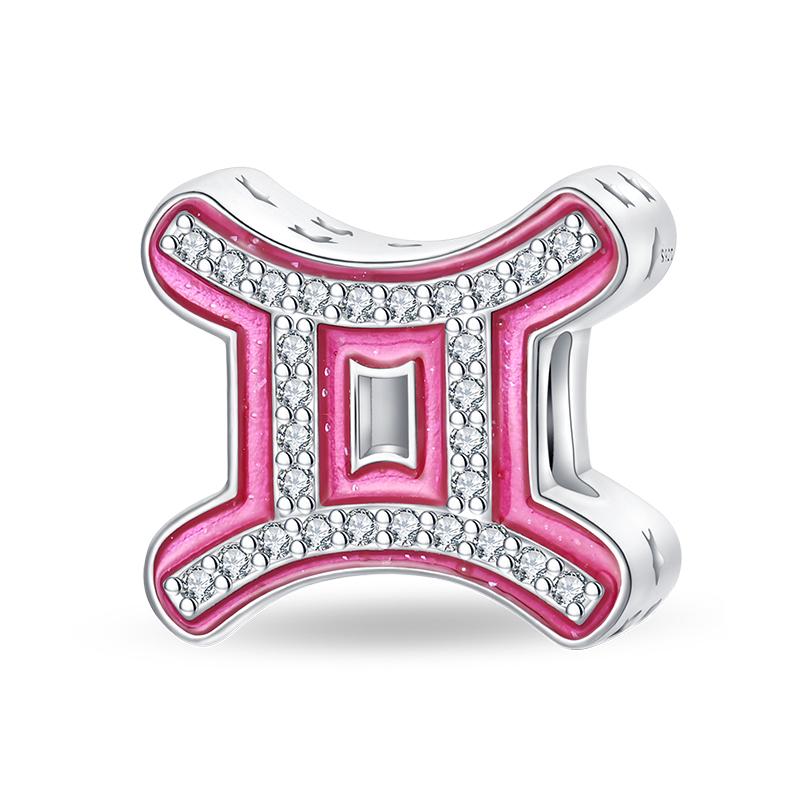 New 925 Silver Princess Pink Shining 12 Constellation Lucky Charms Beads Fit Pan Bracelets DIY Gifts Fine Jewelry