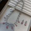 Stylish Luxury Studded With Diamond Pink Water Drop Zircon Pendant Necklace Clover Earrings Dress Jewelry Set