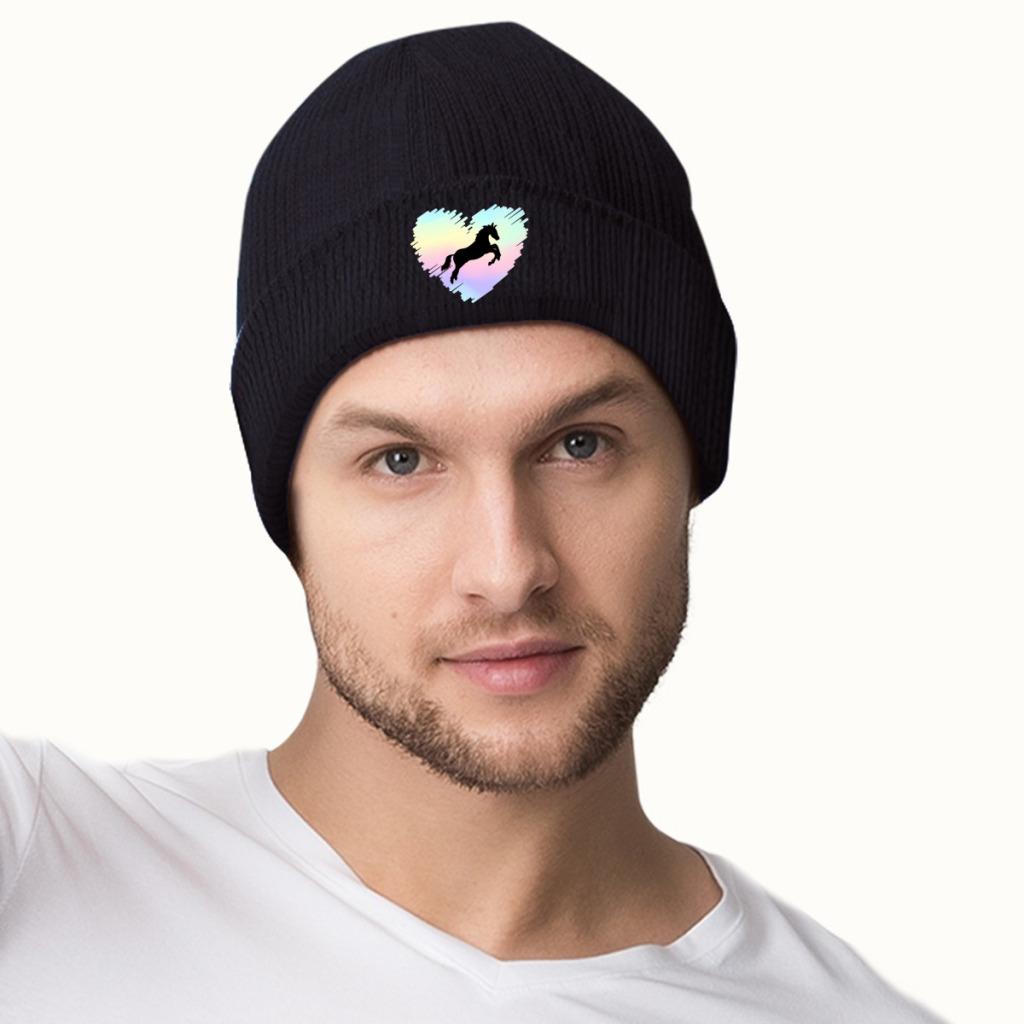 Pferdeliebhaber-Regenbogen-Herz-Strickmütze für Damen, Unisex, Skullies-Mützen, Herbst-Winter-Mützen, Hip-Hop-Kappen