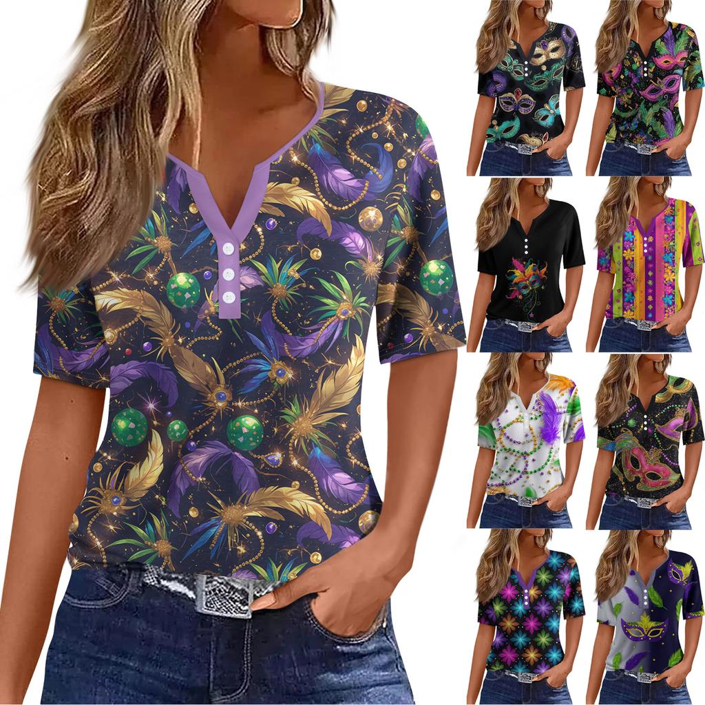 Damen-T-Shirt, T-Shirt, bedruckt, Knopfleiste, kurzärmelig, für den Alltag, Wochenende, modisch, Basic, V-Ausschnitt, normales Oberteil