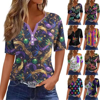 Damska koszulka T-shirt z nadrukiem Przycisk z krótkim rękawem Codzienny weekend Moda Podstawowy Dekolt w kształcie litery V Regularny top