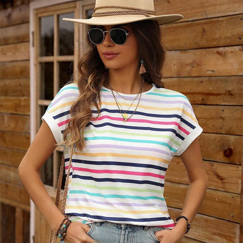 

Модна жіноча футболка з грубими смугами в смужку і принтом, смішна повсякденна футболка з круглим вирізом і короткими рукавами, літня жіноча футболка S білий