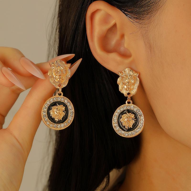 Personality Metal Lion Bee Stud Earrings with Rhinestones for Women Fashion Drip Oil Round Geometric Earrings Neo-Gothic Jewelry