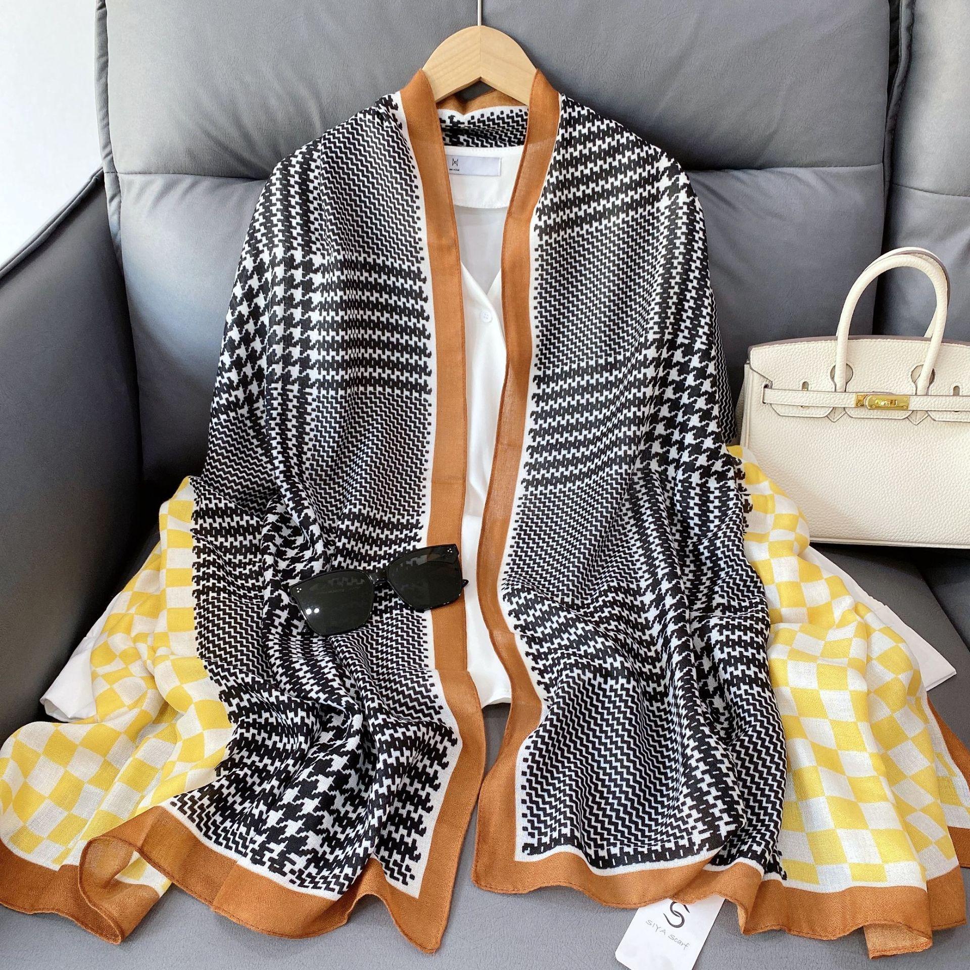 

Retro thousand birds grid long cotton and linen women s summer sun protection beach towel vacation yarn outside air-conditioned room warm scarf 180*85cm