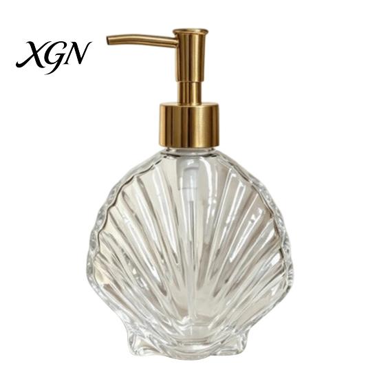 Lotion Glass Container 400ML Beach Seashell Refillable Soap Dispenser, Liquid Hand Bottle Container, Pump for Bathroom Kitchen Countertop Dispenser