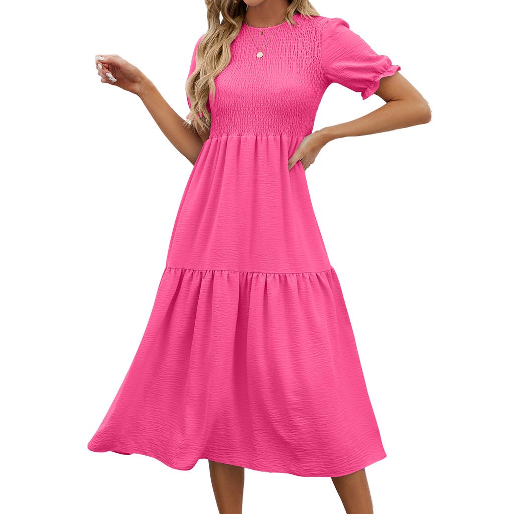 Summer Women's Dress Solid Color Round Neck Patchwork Short Sleeve Dress