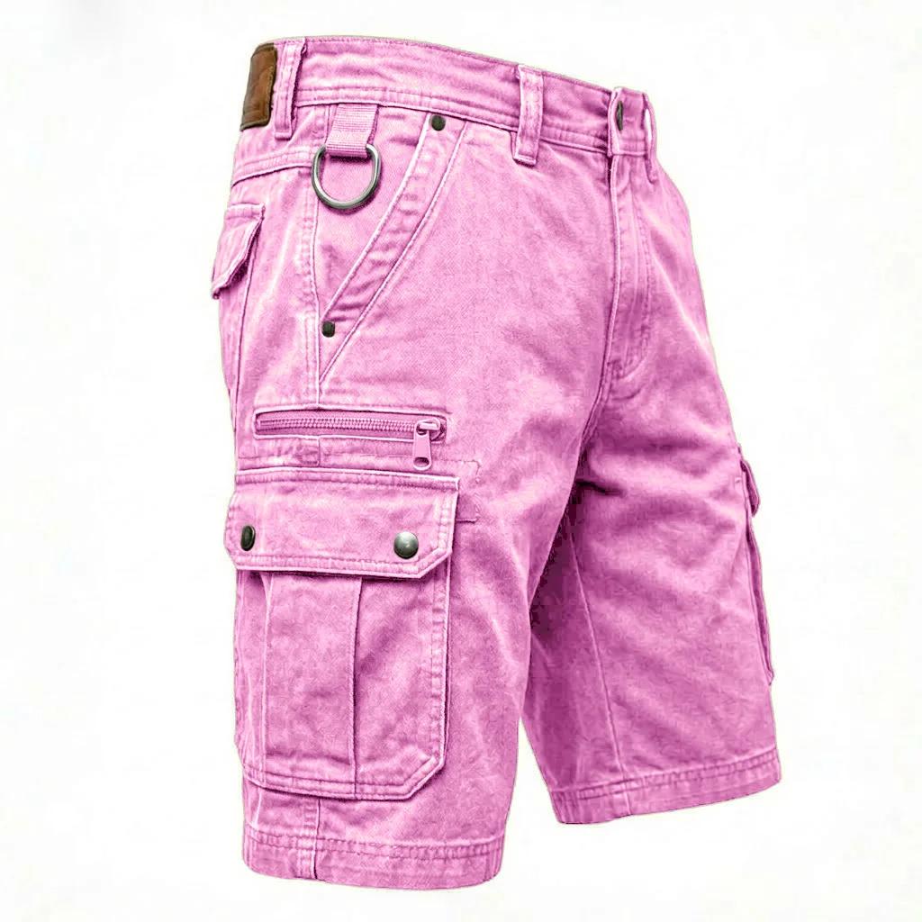 FX Men Heren Retro Gewassen Katoen Denim Cargo Shorts Heavy Duty Werkshorts met Meerdere Zakken Outdoor Kamperen Wandelen Dagelijkse Kleding Zomer Shorts XL helder roze