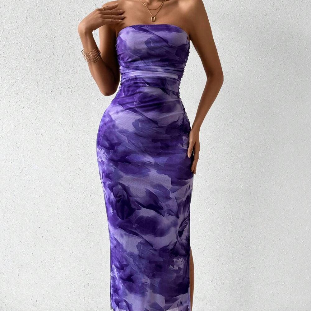 Sexy Strapless Floral Print Sheer Midi Dress Side Slit Bodycon Party Dress Summer Dress for Women Evening Party Outfit