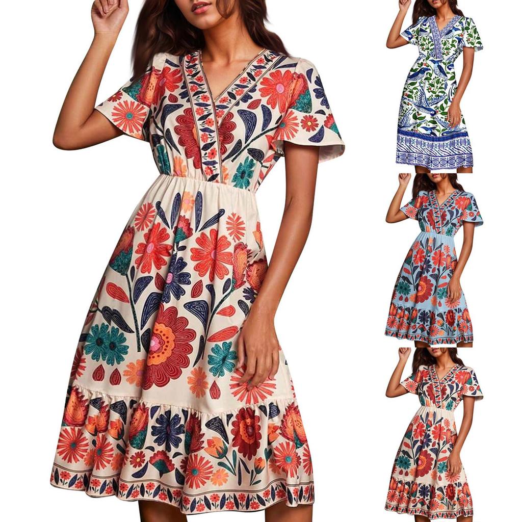 Women's Summer Dress Loose Beach Vacation Casual Deep V Neck Vest Dress Elegant Shirt Dress