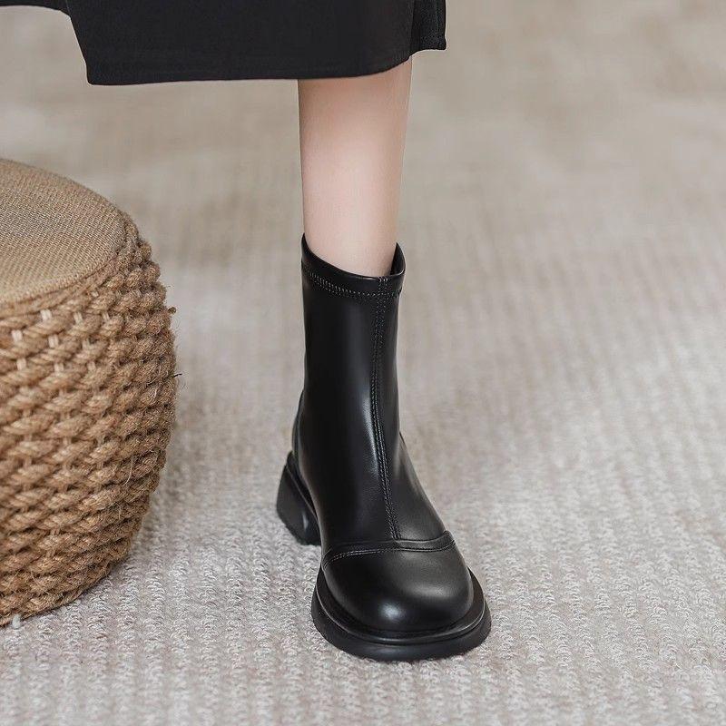 Women  Thick Sole Chelsea Boots Chunky Platform Soft Leather Elastic Ankle Boots Woman Autumn Winter Comfort Black Botas