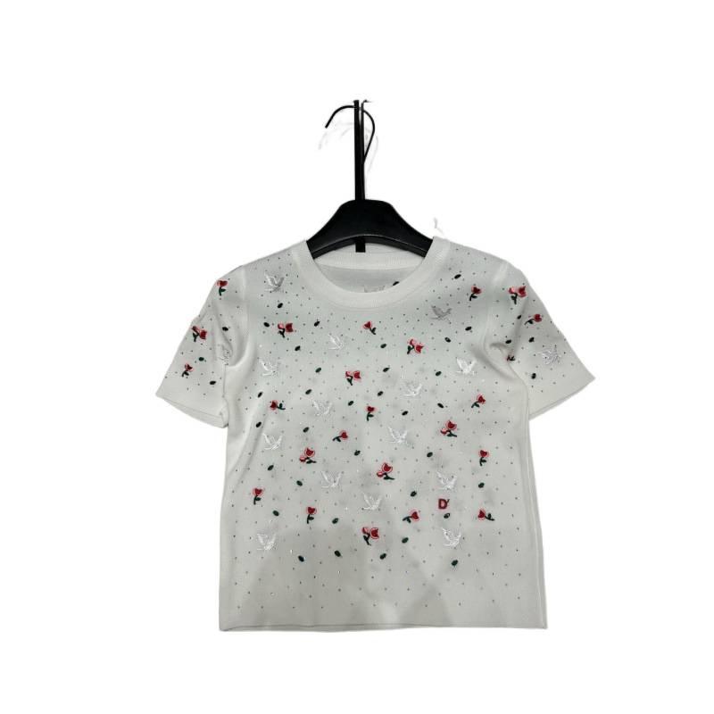 2026 Spring/Summer Rhinestone Bird & Flower Embroidered Short Sleeve Knit Top