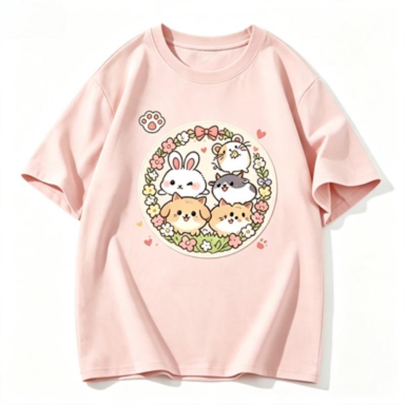 Kawaii Floral Pets Graphic Tshirt Unisex Rabbit Cat Hamster Wreath Print Oneck Short Sleeve Loose Casual Summer Tops