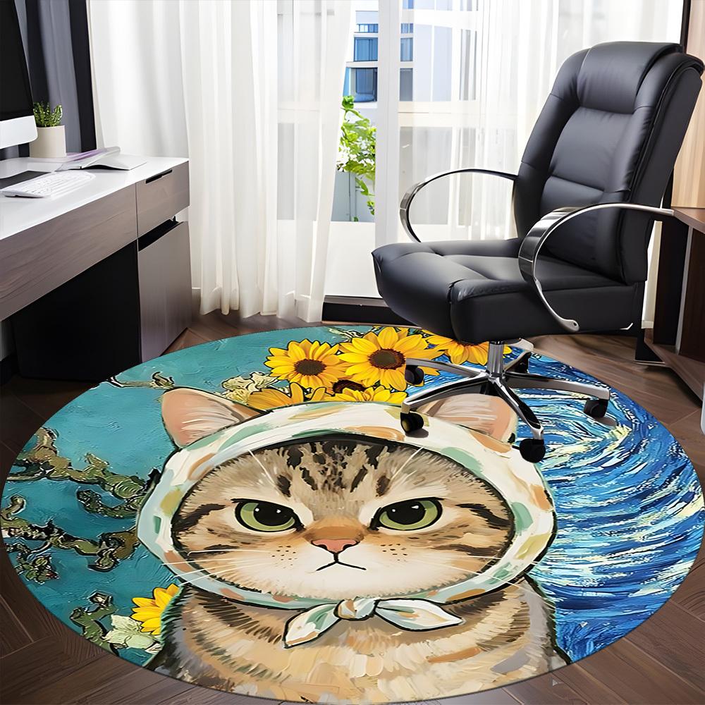 1PC Cat Sunflowers Office Round Area Rug,  Mat Suitable ForOffice, Under Office Chairs Bedroom Living Room Home Decor, Room Deco