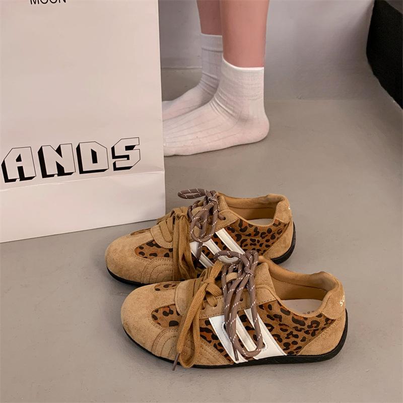 Retro Leopard Print Lace-up German Training Shoes Women's 2025 Early Autumn New Thin-soled Inner Height-increasing Racing Shoes Sports Casual Shoes