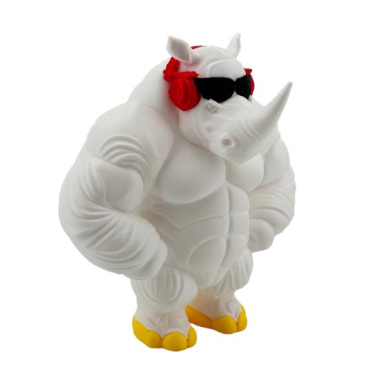 Funny Rhinoceros Desktop Statue 3D Printed Muscle Animal Figurine with Sunglasses And Headphones Novelty Cool Rhinoceros Ornament for Home Decor