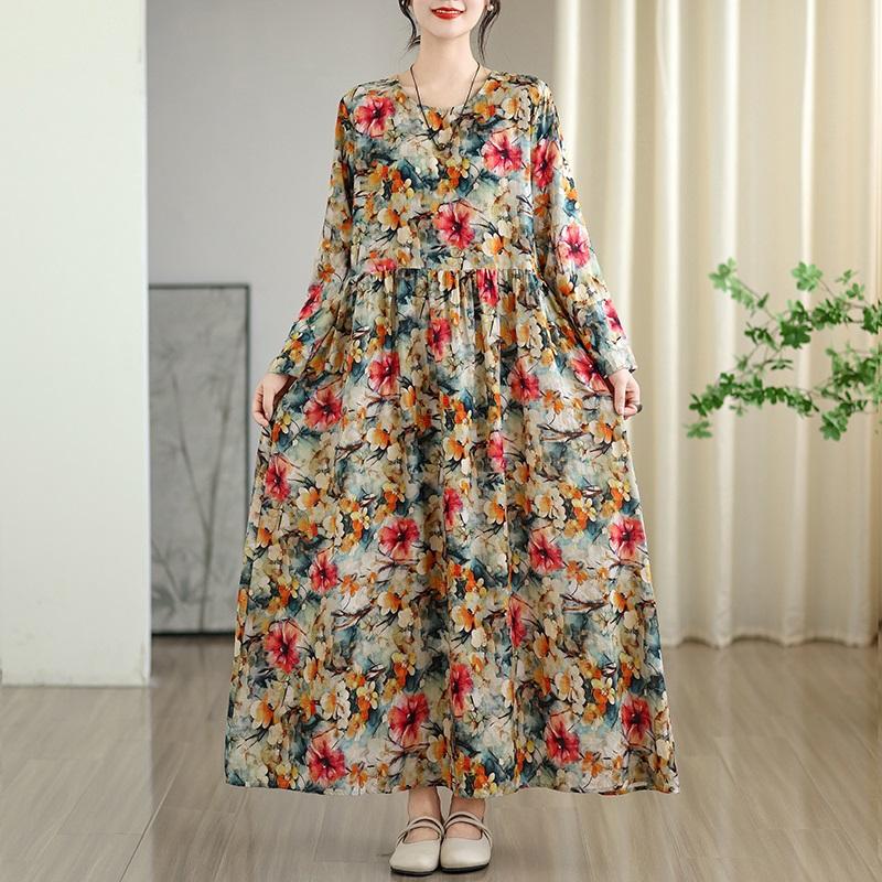 

Хлопковое винтажное цветочное платье большого размера с длинным рукавом, новинка, повседневное свободное платье для женщин, весна, лето, осень XXL